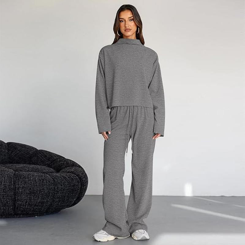 Prettygarden Women'S Mock Neck Knitted Two Piece Sets Fall Sweatsuit Long Sleeve Knit Tops Wide Leg Pants Lounge Set Airport Outfits,Comfy Womenswear