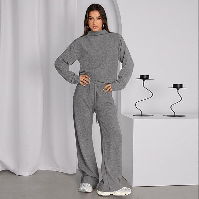 Prettygarden Women'S Mock Neck Knitted Two Piece Sets Fall Sweatsuit Long Sleeve Knit Tops Wide Leg Pants Lounge Set Airport Outfits,Comfy Womenswear